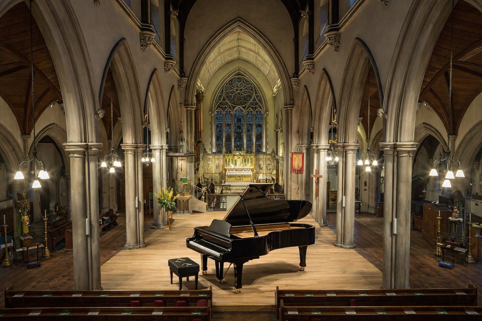 The grand piano inside St Gabriel’s Church, Pimlico